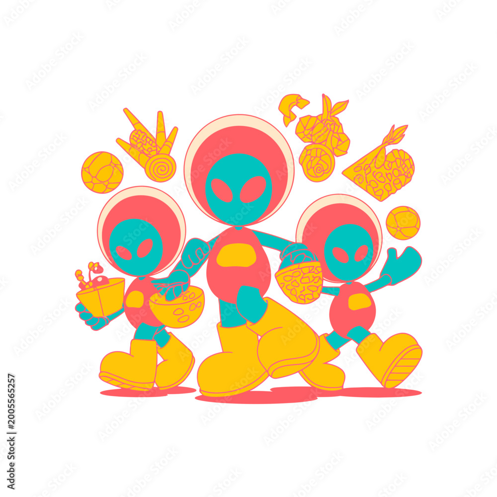Fototapeta premium Colorful group of retro-styled aliens carrying glowing objects, a whimsical digital illustration with a clean white background.