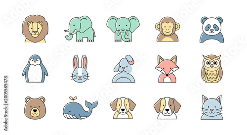Canvas Print A collection of cute, stylized cartoon animal icons, featuring a variety of popular creatures in a simple, colorful illustration style