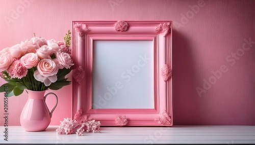 pink old picture frame with a bouquet of flowers on a table transparent isolated mockup of a pink picture frame in a room with pink interior