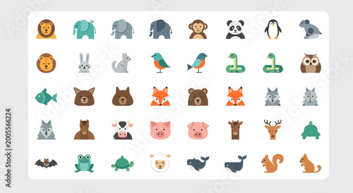 Canvas Print A vibrant collection of 55 diverse flat animal icons, showcasing a variety of creatures in a playful and colorful design