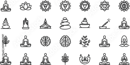 Photography Meditation and Chakra Line Icon Set Featuring Yoga Poses, Spiritual Symbols, Bal