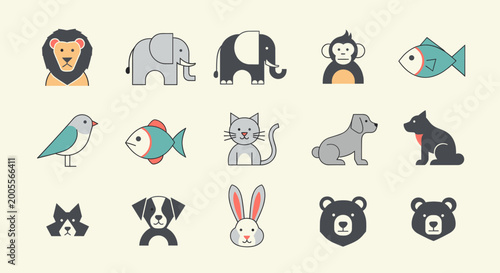 Photography A collection of diverse animal icons, featuring a lion, elephants, monkey, fish, bird, cat, dog, bear, and rabbit, presented in a clean, flat design style