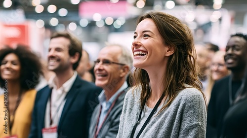 Diverse group of business people, including a smiling woman in the foreground, attending a professional conference or event, actively engaging and finding amusement in the presentation