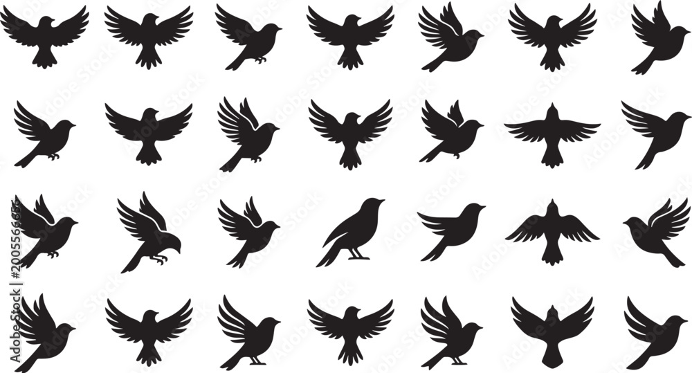 Fototapeta premium Robin Bird Flying Silhouette Vector Set Minimal Flat Design Illustration
