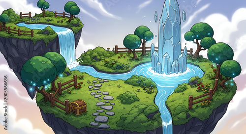 Magical Floating Islands with Crystal Waterfall and Treasure Chest