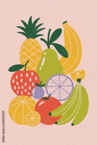 Summer harvest of juicy fruits in various artistic styles for packaging and dish design