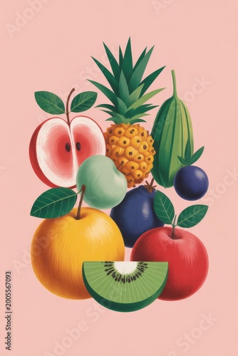 Artistic presentation of fresh organic fruits in mixed media for stock graphics