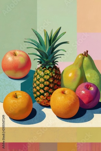 Artistic still life with vitamins and summer harvest in various painting techniques for advertising