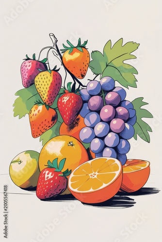 Detailed graphics of seasonal fruits in a realistic and abstract style for stock collections