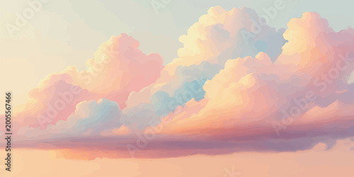 Bild auf Leinwand Vast expanse of fluffy cumulus clouds painted in soft pastel hues of pink and or