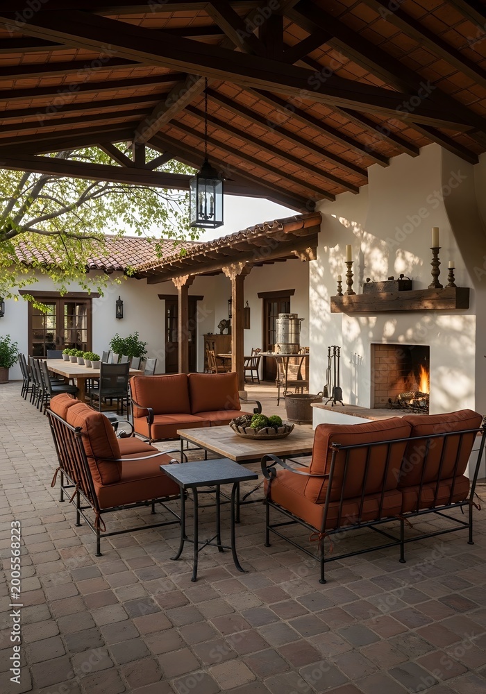 Fototapeta premium Modern patio with fireplace and comfortable furniture. Outdoor lounge area at luxury home. Relaxing backyard living space for entertaining guests. Cozy garden retreat with terra-cotta roof.