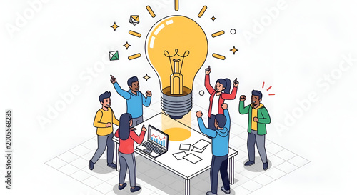 Diverse Team Celebrating a Bright Idea with a Giant Lightbulb Icon