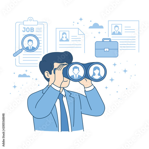 Recruiter looking through binoculars to search for job candidates among resumes and hiring applications