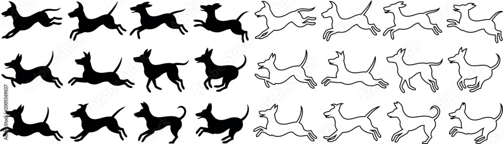 Obraz premium Collection of black silhouette and outline illustrations of dogs running in various poses isolated on white