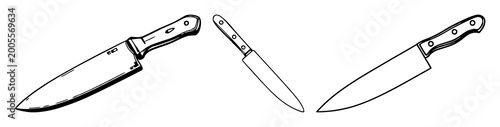 Retro kitchen knife set with solid black line art design featuring old-fashioned style, vintage appearance, curved blade with sharp edge and handle