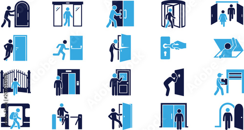 Foto Collection of entry and exit icons representing different doors, gates and passage ways for people entering and leaving buildings