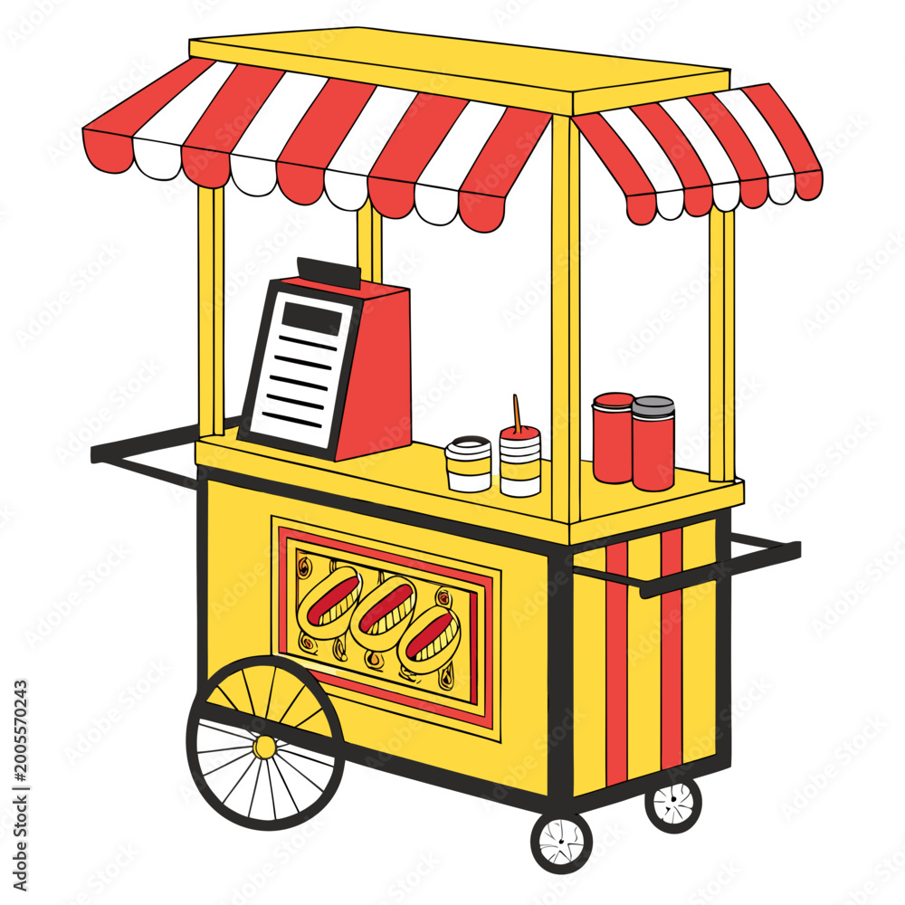 Obraz premium Hot dog cart with red and white awning food snack yellow