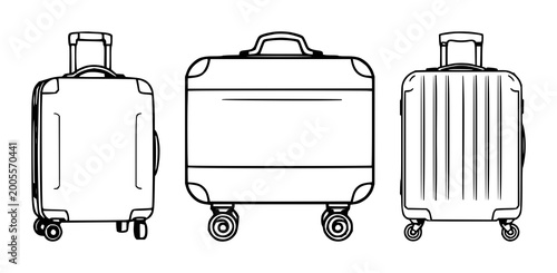 Luggage set with simple black line art style featuring suitcase, baggage, travel bag with wheels and handle