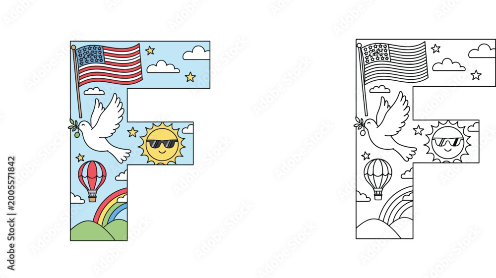 Obraz premium Letter F for Freedom Alphabet Illustration with American Flag Dove and Sun plus Outline Coloring Page Version for Kids Educational Activity and Patriotic Celebration Vector Art