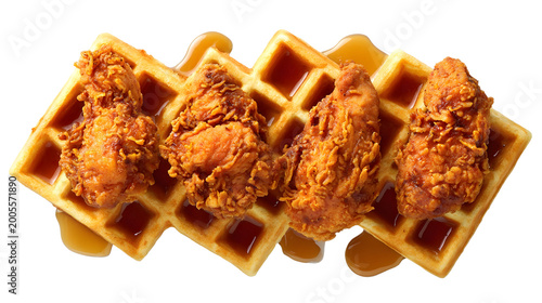 Crispy fried chicken tenders on golden waffles with maple syrup drizzle, isolated on white background.