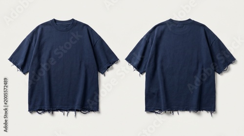 Oversized Navy Blue Distressed T-Shirt Mockup Front and Back View with Frayed Edges on Light Background