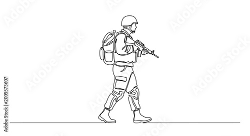 Foto Soldier walking with gun and backpack.