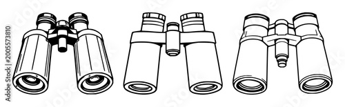Binoculars set with black line art on white background featuring optical, grid lines, lens with viewfinder and eyepiece and glasses
