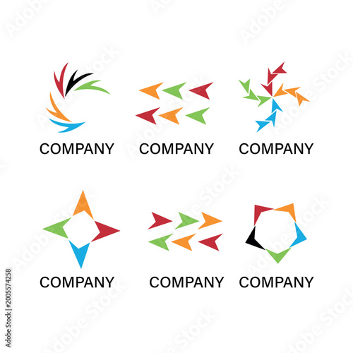 Collection of vibrant abstract arrow logo designs, showcasing dynamic motion and connectivity for modern company branding and graphic identity solutions