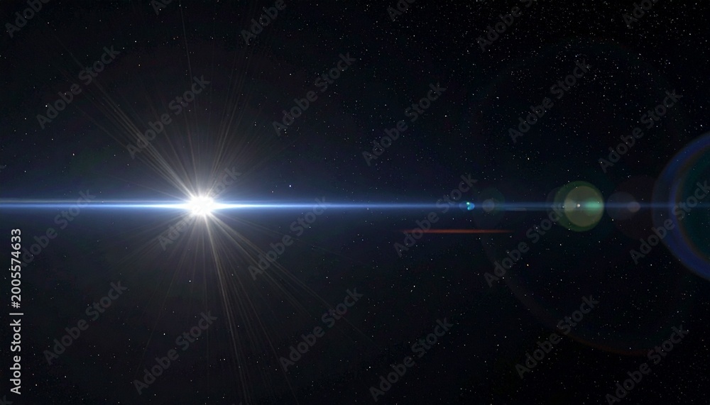 Fototapeta premium Bright white lens flare with subtle bokeh reflections and horizontal light streak. Suitable for photography overlays and cinematic projects.