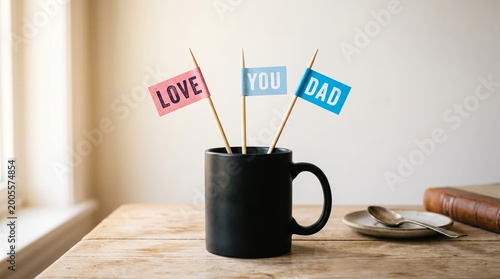 Black coffee mug with small colorful flags that say love you dad for Father's Day celebration on a rustic wooden table