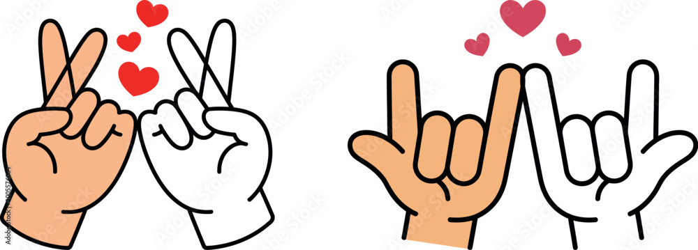 Fototapeta premium Two pairs of cartoon hands making different gestures with hearts symbolizing love and celebration