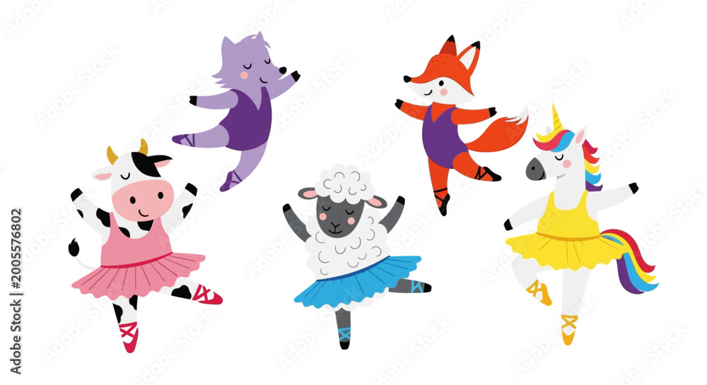 Obraz premium Colorful cartoon animals in ballet dresses.