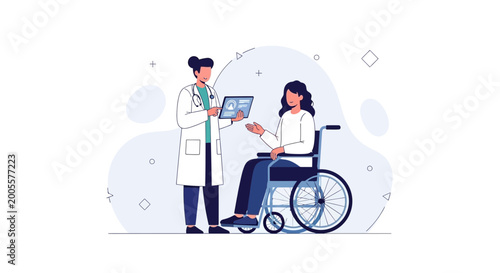 Doctor shows tablet to patient in wheelchair, healthcare consultation, medical checkup
