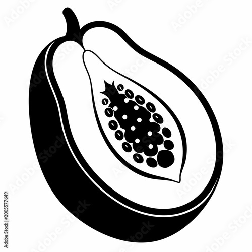 Black and white papaya fruit with seeds cut in half