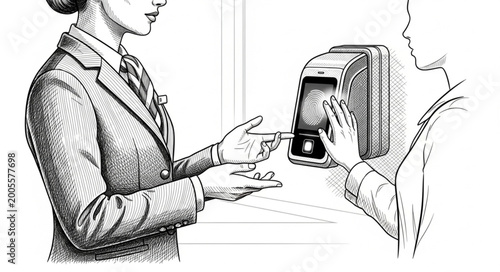 Photos Woman in suit explains how to use a biometric scanner to a person