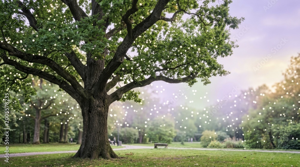 Fototapeta premium Large oak tree with hanging fairy lights in a peaceful summer park