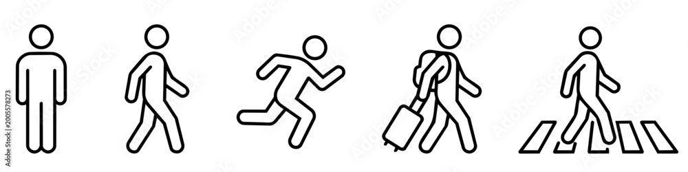 Naklejka premium Minimalist black and white line art stick figures in various daily actions: standing, walking, running, traveling with luggage, and crossing a street.