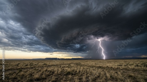 Lightning strike over a summer prairie landscape during a thunderstorm