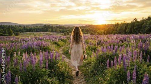 Woman walking through a blooming purple lupine flower field at sunset