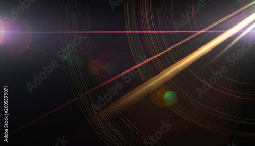 Golden cinematic lens flare featuring diagonal light rays and realistic optical circles on dark background. Ideal for movie intros, luxury branding, visual effects, and digital artwork.