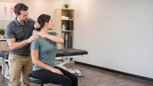 Clinical Shoulder Examination by Therapist in Wellness Clinic Emphasizing Comfort and Professionalism with Neutral Lighting and Clean Setting for Medi