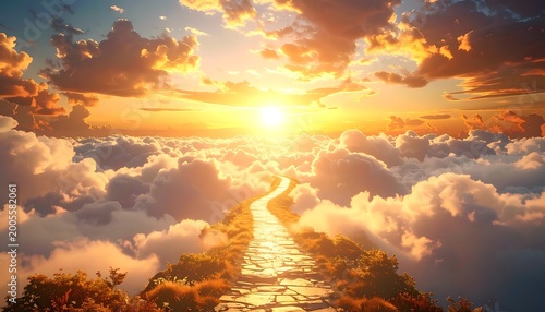 A serene sunset above clouds with a golden pathway