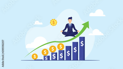 Calm businessman meditating in lotus pose while floating on a rising green arrow above financial bar charts and golden dollar coins.