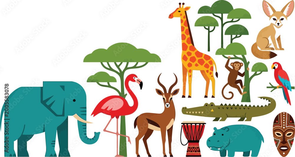 Naklejka premium African animals and tribal elements set with elephant giraffe flamingo antelope crocodile and mask cartoon vector illustration isolated on white background