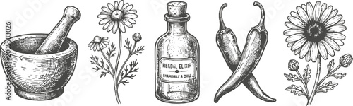 Herbal medicine set mortar and pestle flowers chili peppers and bottle vintage engraving vector illustration