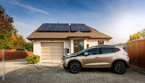 a modern light colored electric suv is parked in a driveway and charging from a wall mounted station the house features solar panels on the roof and large windows