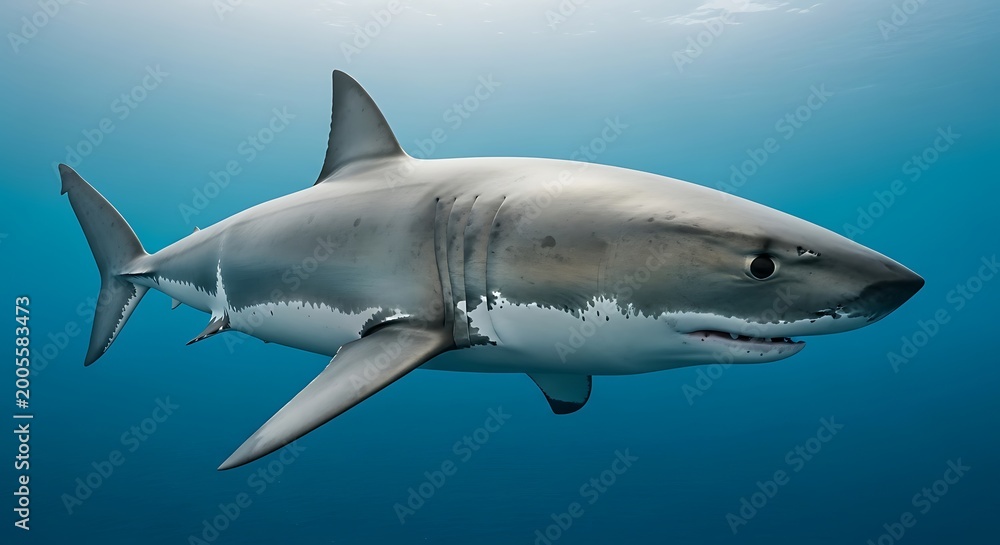 Naklejka premium Magnificent Great White Shark Swimming Gracefully in Ocean Depths.