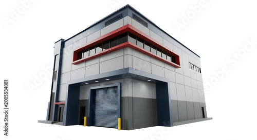 3D warehouse storage building with large door entrance isolated on transparent background