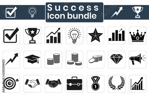Fotografía Black success icon bundle featuring checkmark trophy lightbulb and growth chart