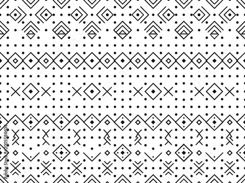 Black and white geometric tribal pattern with dots and lines